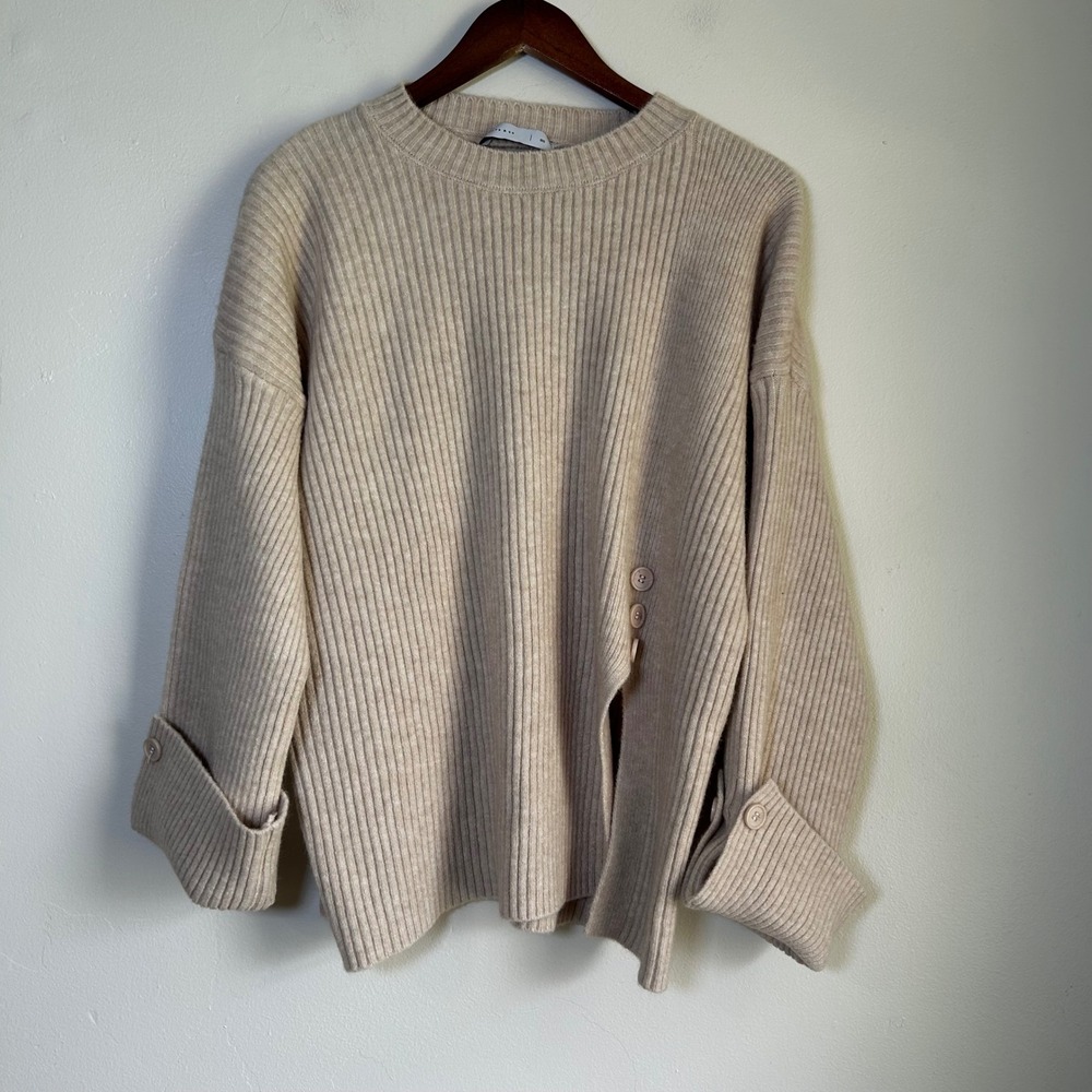 EUC Lyra & Co Sweater Side Button Slit Size OS Beige Ribbed Knit Oversized